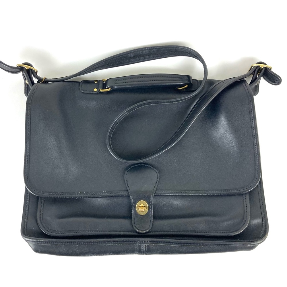 Coach Black Leather Messenger Bag with Gold Hardware